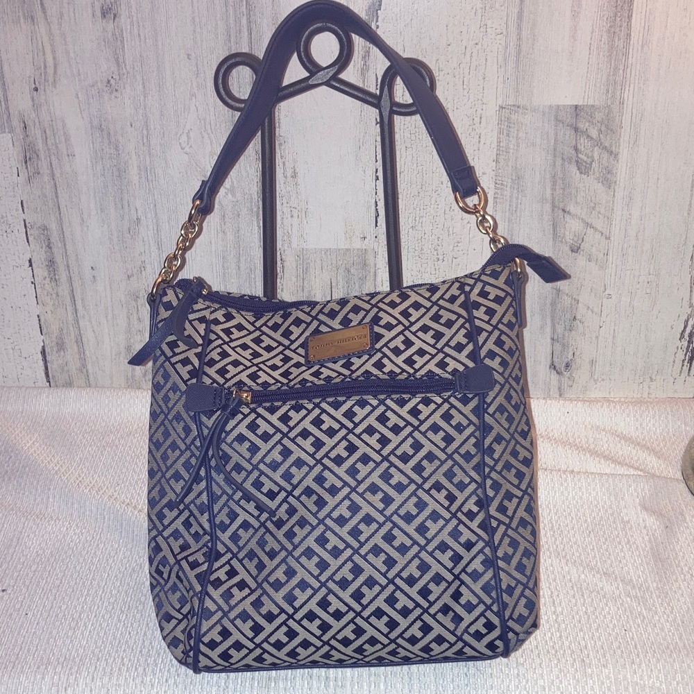 Tommy  Hilfiger Navy Blue / Beige Embossed Allover Monogram  Shoulder Bag - Picture 3 of 14